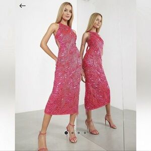 ASOS EDITION pearl and fringe halter midi dress in hot pink